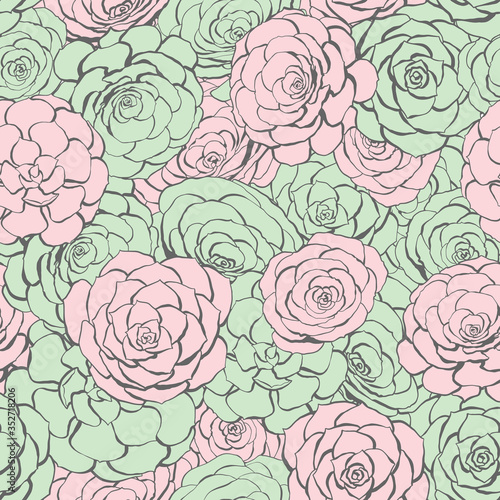 Vector illustration of a seamless pattern with Echeveria stone rose flowers. In the style of a cartoon in soft pink and green tones. For Wallpapers  postcards  textiles  prints  banners  etc