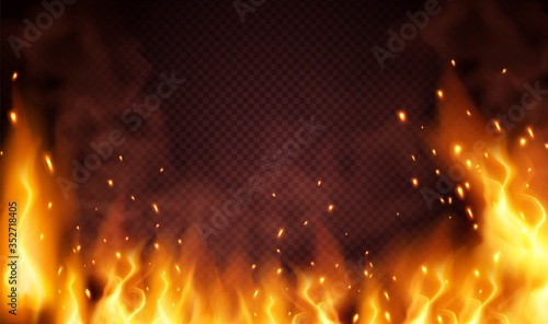 Burning red hot sparks fly from large fire in the night sky. Lag Baomer symbol