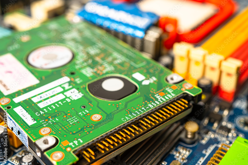 Obraz premium E-waste electronic, computer circuit cpu chip mainboard core processor electronics device : concept of data, hardware, technician and technology.