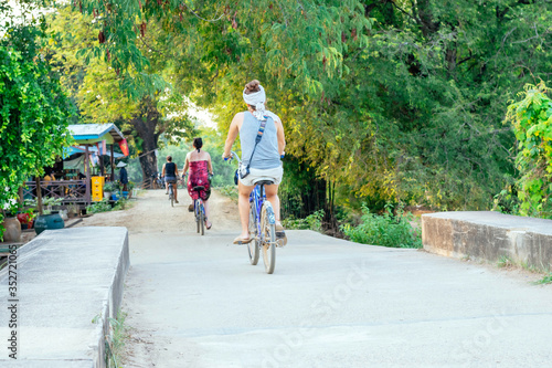 A group of tourists on bicycles, the new way of traveling safely due to the pandemic