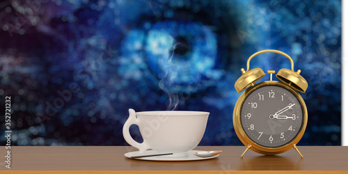 Alarm clock with coffee cup isolated on white background. 3D illustration.
