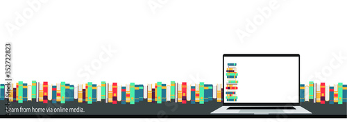 Learn at home, online students, study on a laptop.Background of many books