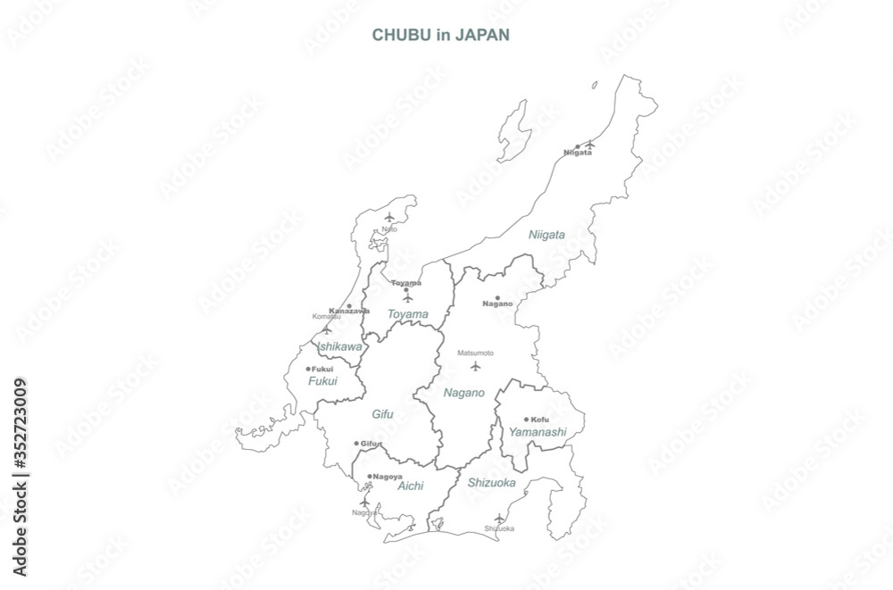 Fototapeta chubu map. japan regions map series. vector map of japan provinces.