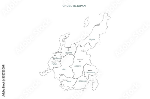 chubu map. japan regions map series. vector map of japan provinces.