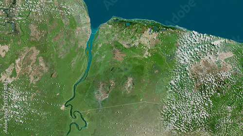 Nickerie, Suriname - outlined. Satellite photo