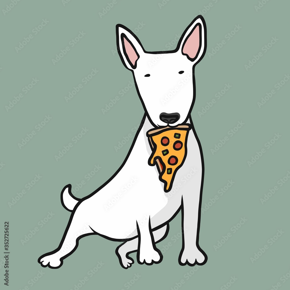 Bull Terrier dog eating pizza cartoon vector illustration