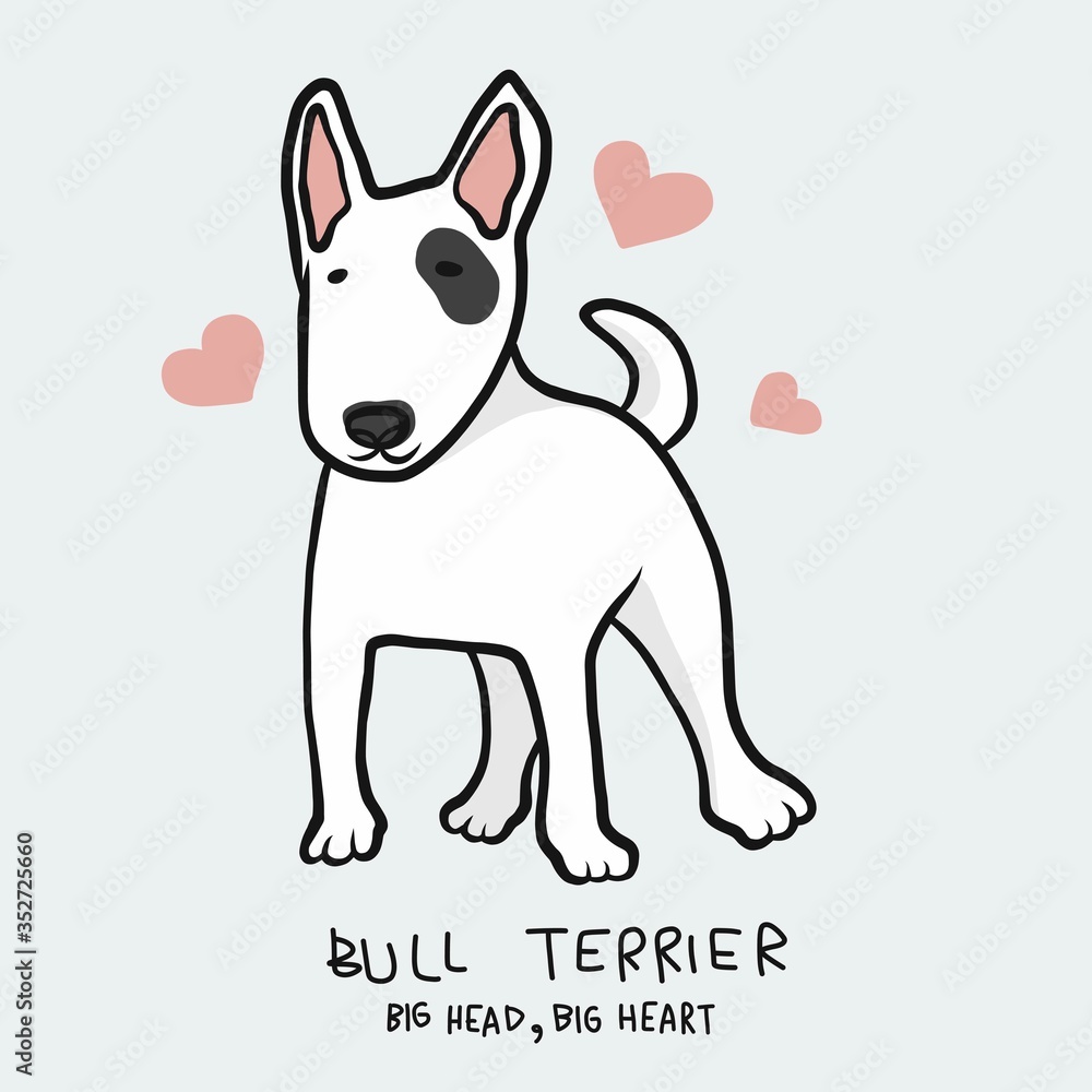 Bull Terrier dog , Big head, Big heart cartoon vector illustration