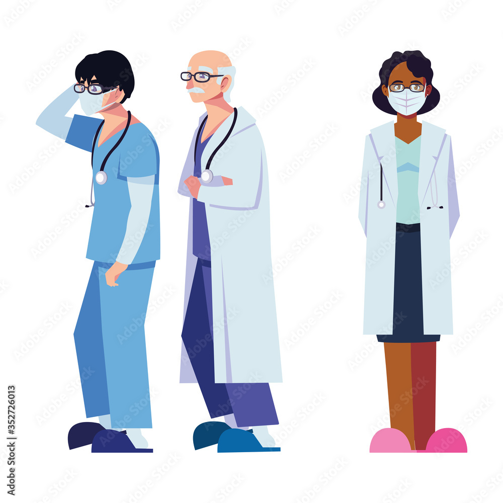 female and male doctors with uniforms and masks vector design female and male doctors with uniforms and masks vector design
