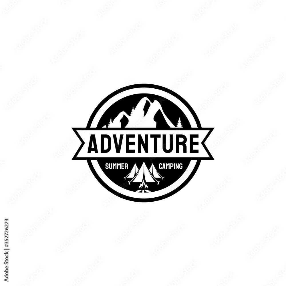 Adventure logos with pine trees mountain, , camp tents and campfire in circle shapes.badge or emblem logo Adventure logos with pine trees mountain, , camp tents and campfire in circle shapes.badge or emblem logo