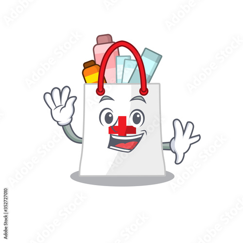 A charming drug shopping bag mascot design style smiling and waving hand