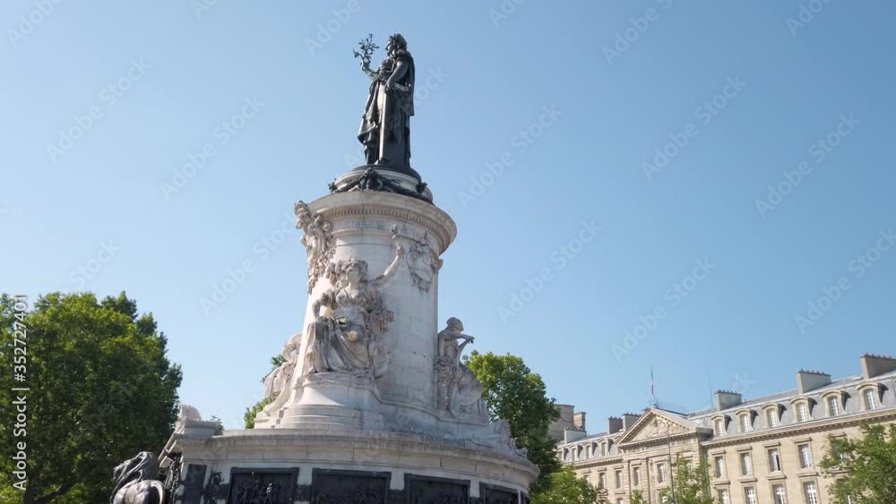 Low angle circling pov of Marianna statue in Republic square, Paris Low angle circling pov of Marianna statue in Republic square, Paris