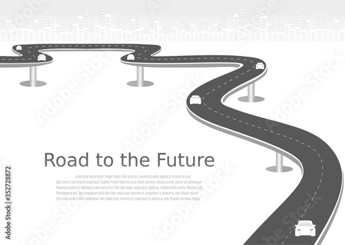 Roadway journey to the future. Asphalt street isolated on city background. Symbols Way to the goal of the end point. Path mean successful business planning Suitable for advertising and presentstation