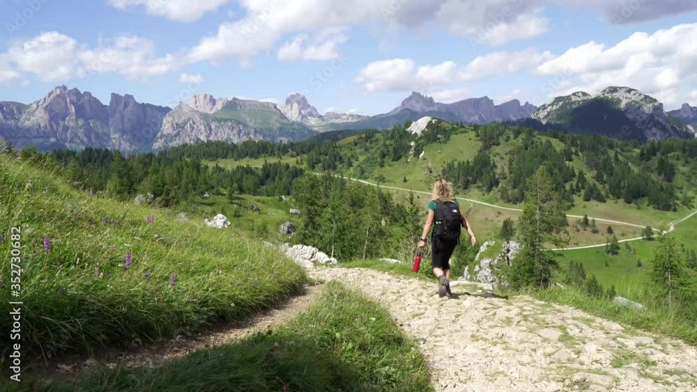 Hiking girl in valley surrounded by mountains Hiking girl in valley surrounded by mountains