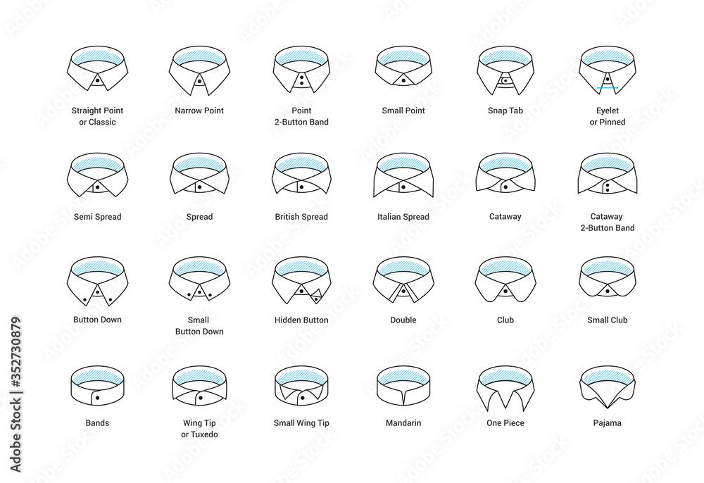 Vector line icon set of men's shirt collar styles, editable strokes.  Illustration for style guide of formal male dress code for menswear store. Different  collar models: tuxedo, spread, button down. Stock Vector