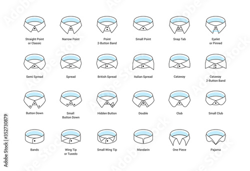 Billede på lærred Vector line icon set of men's shirt collar styles, editable strokes