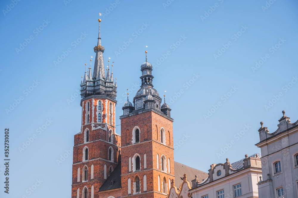 Towers of St. Mary's Basilica in Krakow, Poland