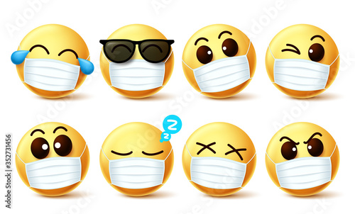 Smiley emoji facemask vector set. Smiley emoji with covid-19 face mask and eye expressions to prevent 2019-ncov coronavirus infection. Vector illustration.
