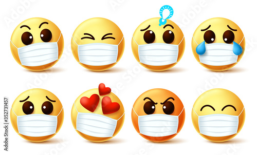 Smileys emoticon wearing face mask vector set. Smiley emoji wearing face mask with facial emotions for the prevention of covid-19 coronavirus viral infection. Vector illustration.
