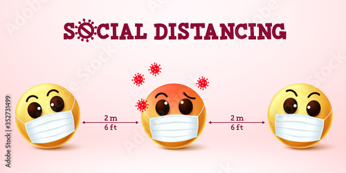 Smiley emoji social distancing vector sign. Social distancing text with smiley emoji preventing covid-19 coronavirus infections in public. Vector illustration concept.
