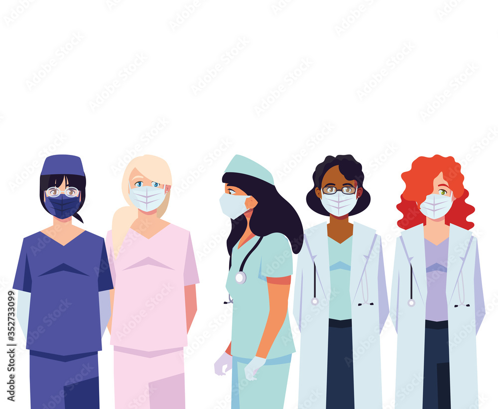 Women doctors with uniforms and masks vector design