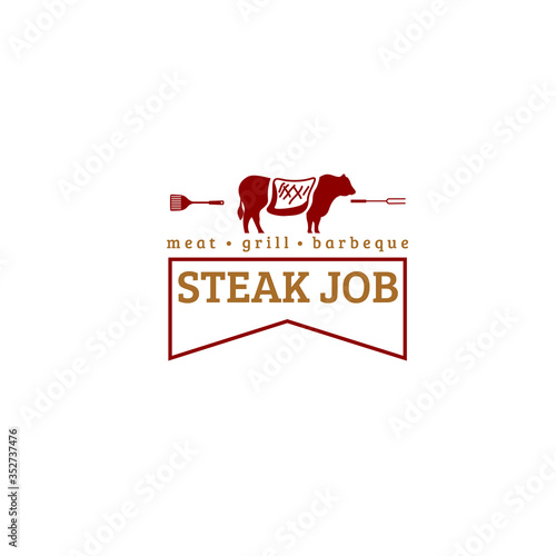 Restaurant logo with cow and grilled meat, fork, spatula and ribbon isolated on white background suit for steak restaurant identity and logo