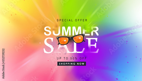 Summer sale design with splash background layout banner.Orange sunglasses concept.Vector illustration template.