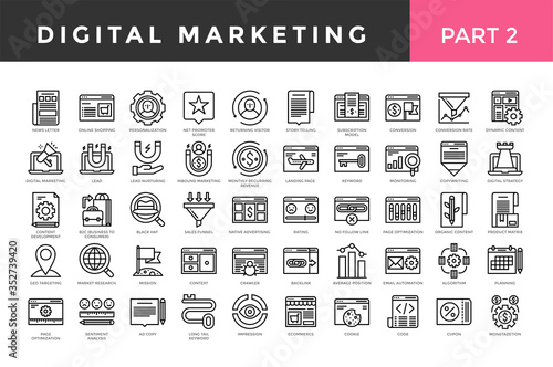 Digital marketing icons, thin line style, big set. Part two. Vector illustration