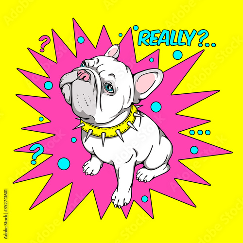 Cute cartoon french bulldog on a bright background. Funny dog ​​in spiked collar