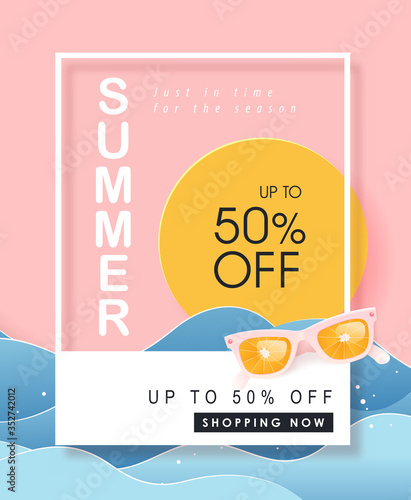 Summer sale design with paper cut tropical beach bright Color background layout banners .Orange sunglasses concept.voucher discount.Vector illustration template.