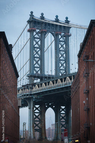 Photography Close-up of the Manhattan Bridge, seen from Dumbo, New York, USA - moody Day
