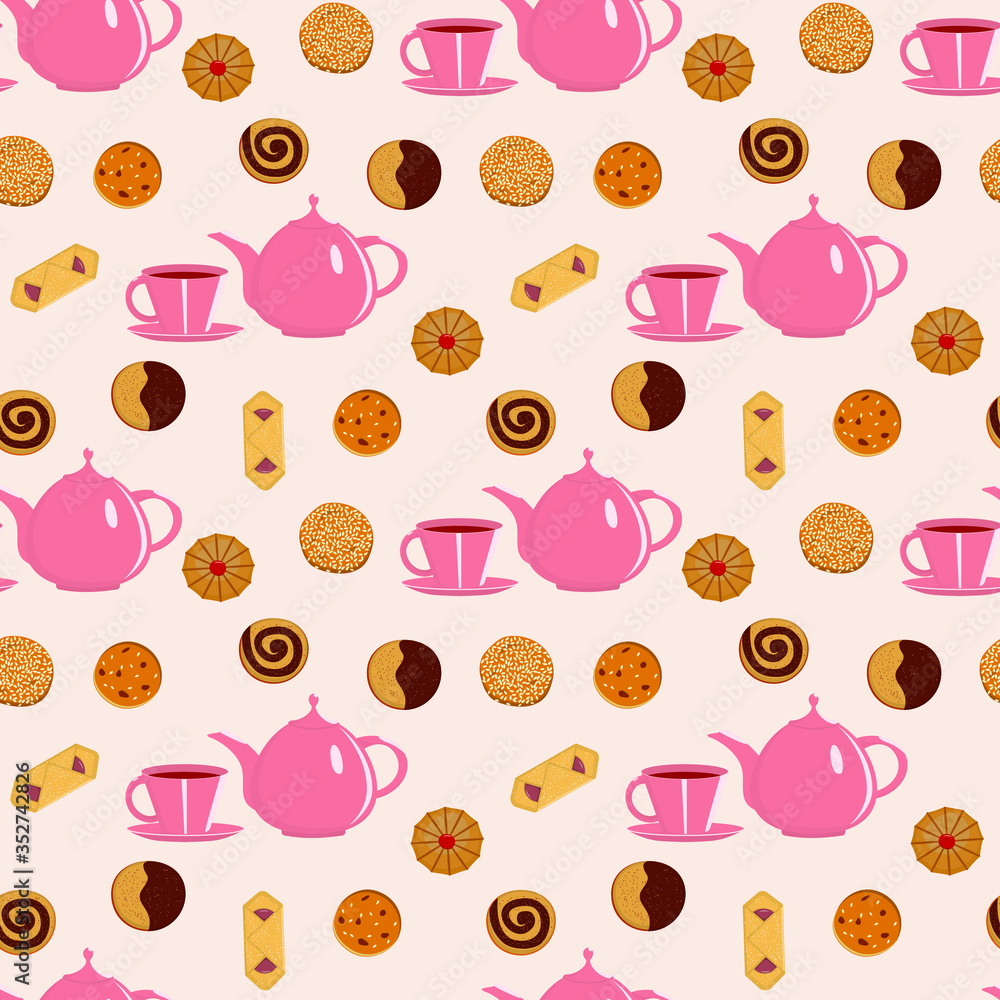 A delicate coffee pot and a Cup of coffee with cookies. Seamless pink vector pattern for your design, decoration, fabric, Wallpaper. Cup of tea, teapot, cookies on pink