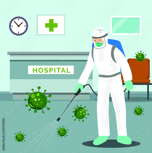 Vector illustration of a coronary injection (Covid-19) personnel sterilizing spray in the hospital.