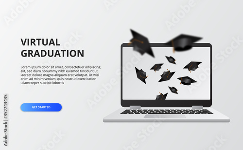 Virtual graduation for quarantine time at covid-19. laptop screen with flying graduation cap for graduation party live stream.