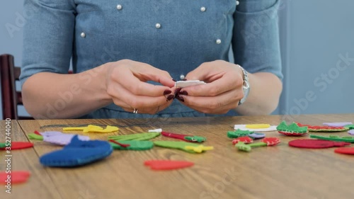 Designer makes, sews soft childrens toys from fabric. In the form of fruits