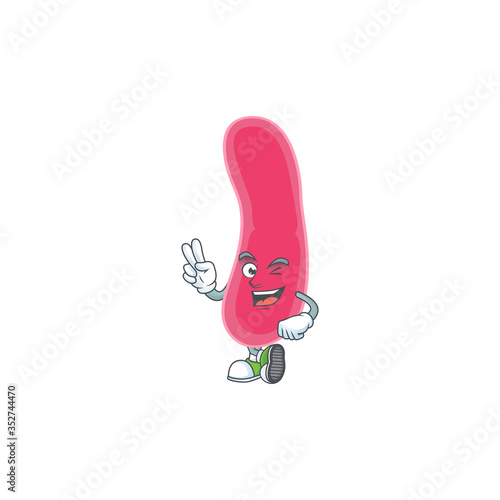 smiling fusobacteria cartoon mascot style with two fingers