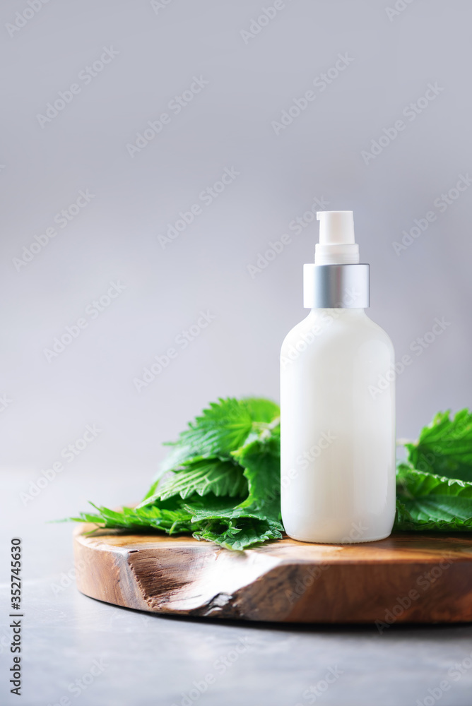 Natural spa, herbal cosmetics. Nettle lotion, cream, shampoo or soap in white bottle and fresh nettles leaves on grey background. Medicinal herb for health and beauty, skin care and hair treatment.