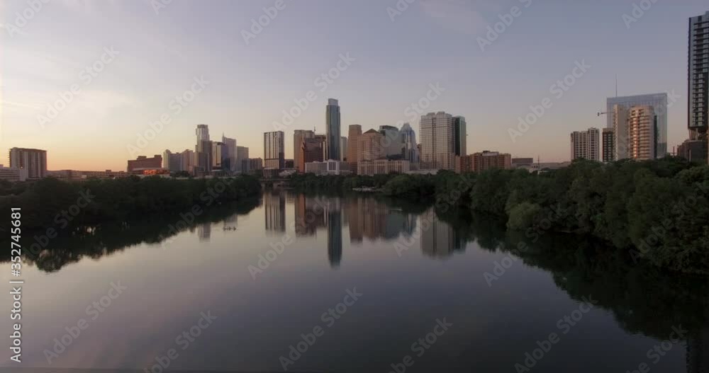 The morning Austin skyline over a calm Lady Bird Lake The morning Austin skyline over a calm Lady Bird Lake