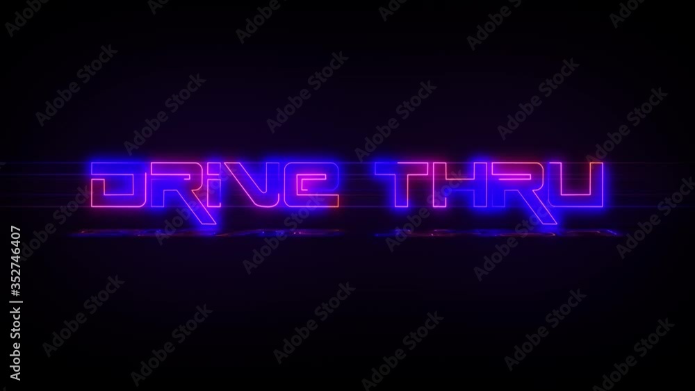 Flashing DRIVE THRU electric blue and pink Neon Sign flashing on and