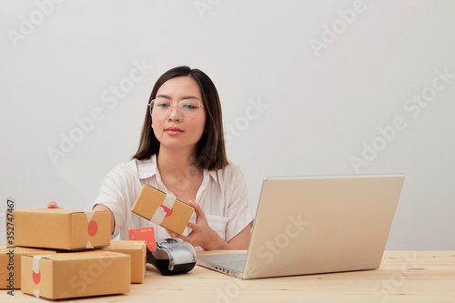 Woman work from home office packaging