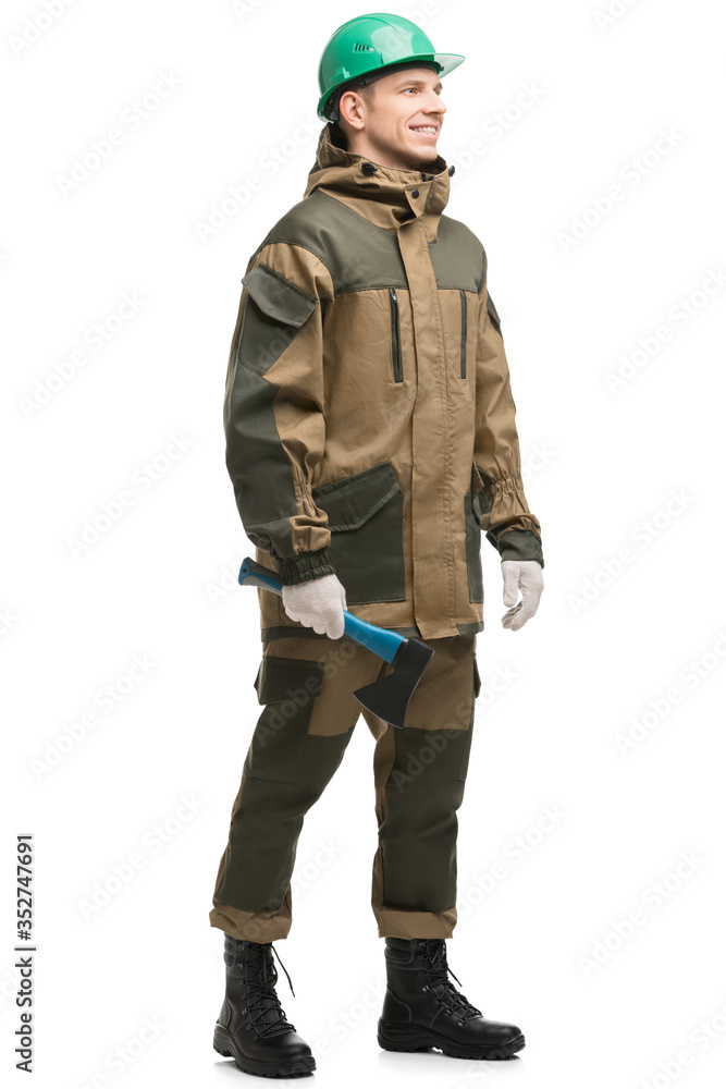 Male in workwear and cap isolated vew Male in workwear and cap isolated vew