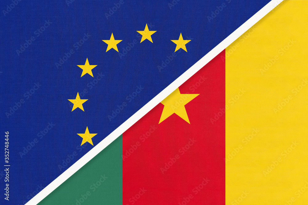European Union or EU and Cameroon national flag from textile. Symbol of the Council of Europe association. European Union or EU and Cameroon national flag from textile. Symbol of the Council of Europe association.