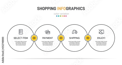 Concept of shopping process with 4 successive steps. Four colorful graphic elements. Timeline design for brochure, presentation, web site. Infographic design layout.