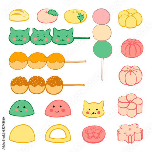 Hand drawn Japanese desserts, sweets: dango, mochi, wagashi. Vector color illustration on a white background.