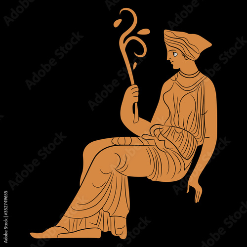 Isolated vector illustration. Sitting ancient Greek woman holding branch. Vase painting style.