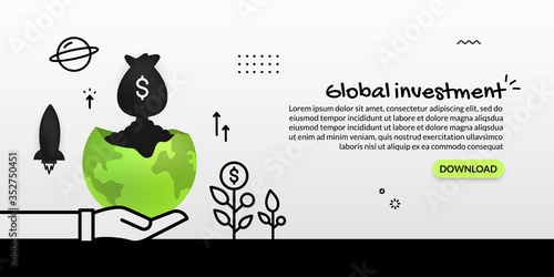 Money bag launching out from planet on white background, global business investment