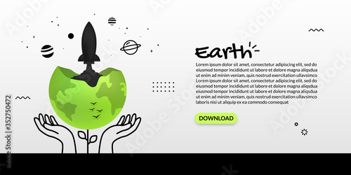 Spaceship launching out from earth on white background, global business start up concept