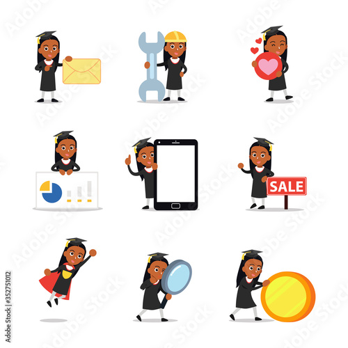 Set character of graduate woman wearing graduation gown and hat.