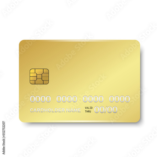 Gold credit plastic card with emv chip. Mock up. Vector