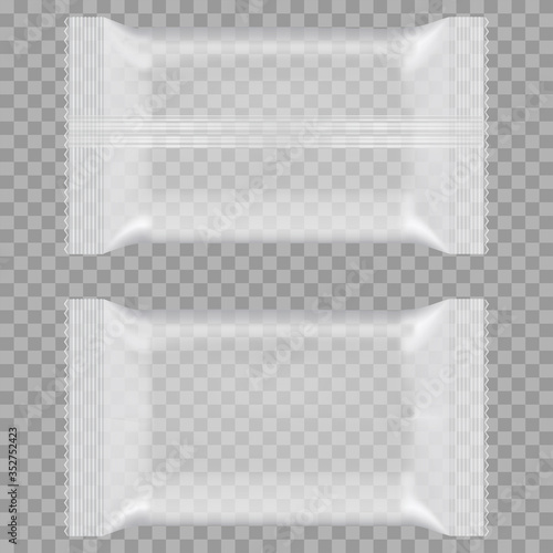 Vacuum transparent packaging for snacks, food, chips, sugar and spices. Vector.