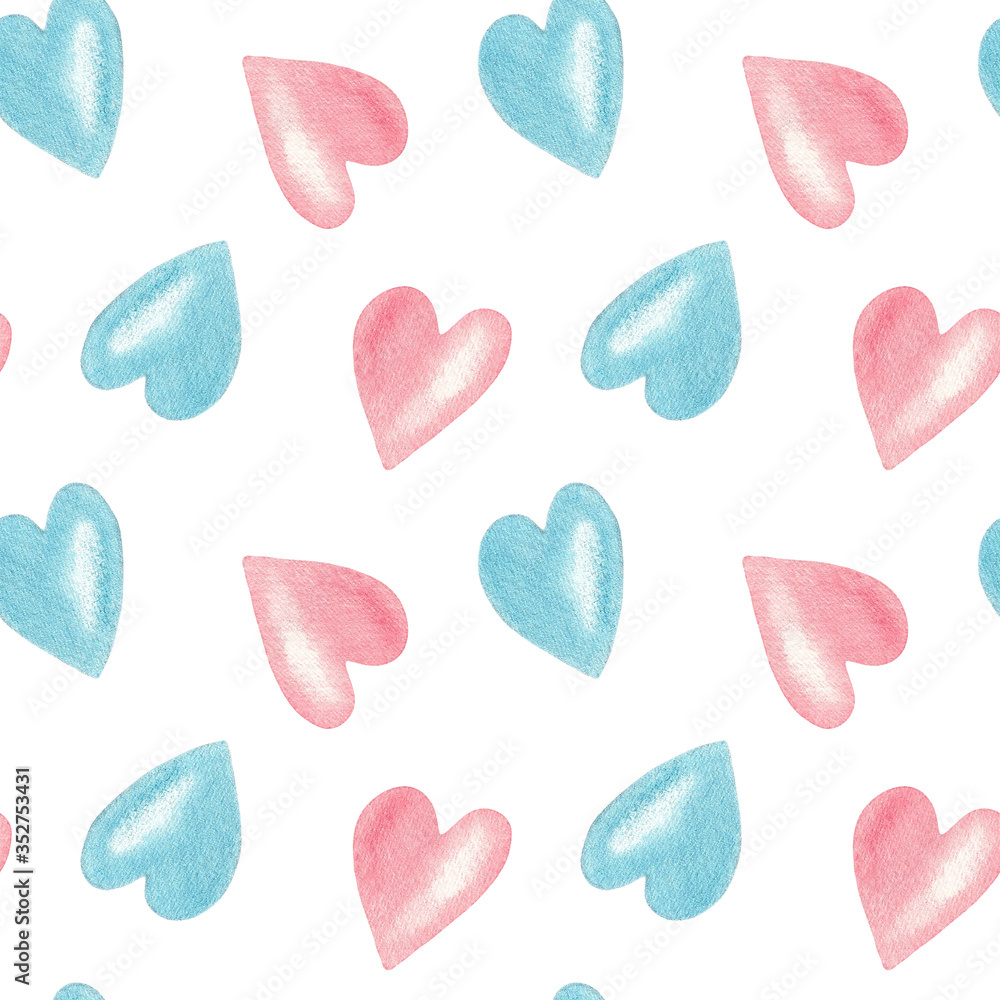Seamless pattern with blue and pink hearts on white background, hand painted watercolor illustration Seamless pattern with blue and pink hearts on white background, hand painted watercolor illustration